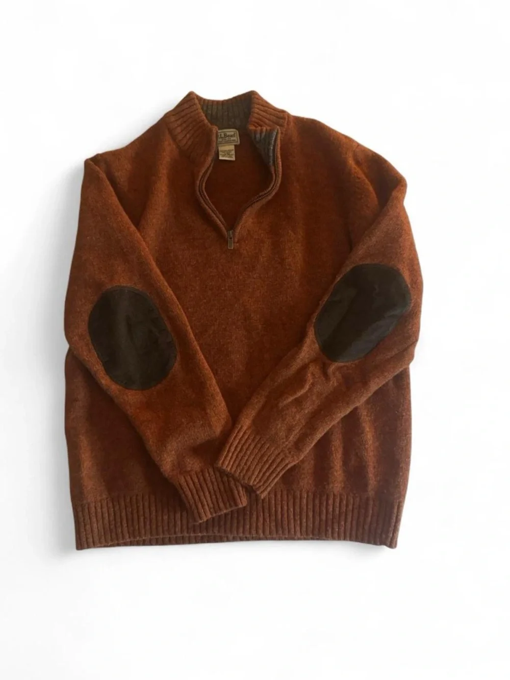 L.L. Bean Men's Zip-Neck Sweater in Rust with Brown Elbow Patches - Picture 1 of 5